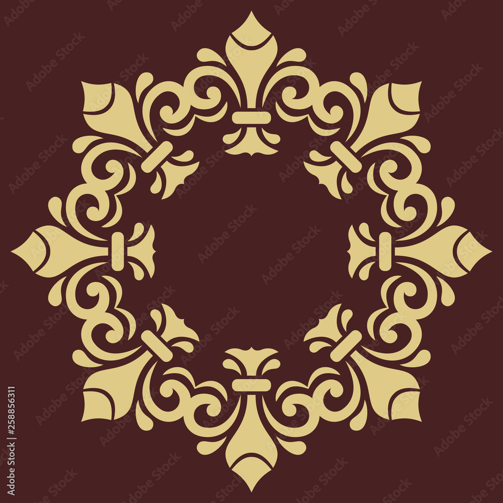 Oriental round golden pattern with arabesques and floral elements. Traditional classic ornament. Vintage pattern with arabesques Oriental round golden pattern with arabesques and floral elements. Traditional classic ornament. Vintage pattern with arabesques