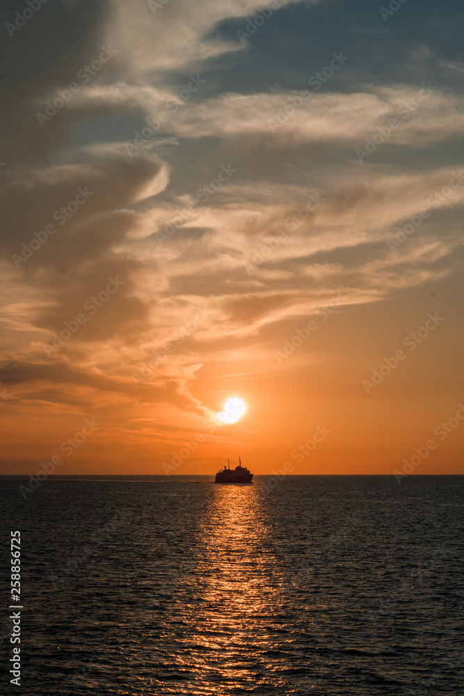 sunset on the sea, view from the ship