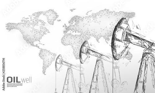 Oil well rig juck low poly business concept. Finance economy polygonal petrol production. Petroleum fuel industry pumpjack derricks pumping drilling line connection dots white vector illustration