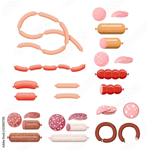 Meat sausage collection. Cut sausage slices with fat. Boiled smoked meat product. Delicatessen gastronomic product of beef, pork or chicken. Pepperoni or salami. Vector illustration in flat style