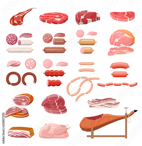 Collection of meat. Chop, sausages, bacon, ham. Marbled meat and beef. Butcher shop, steakhouse, farm organic products. Grocery food products. Pork fresh steak. Vector illustration in flat style