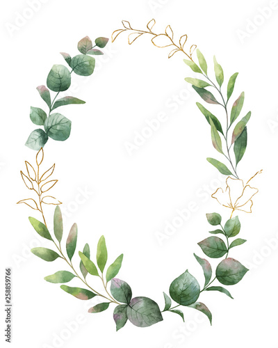 Watercolor vector wreath with green eucalyptus leaves and flowers .