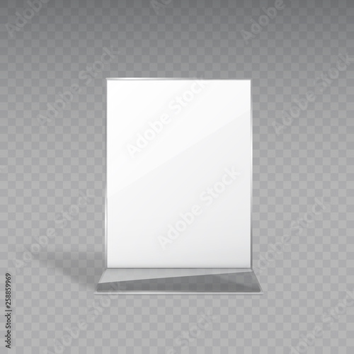 Display or acrylic table tent, card holder isolated on transparent background. Vector empty flyer glass stand. Plastic frame of photo, paper sheet mock up or restaurant menu for your design.