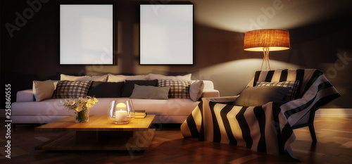 Cute living room interior with mockup frames by evening (panoramic) - 3d illustration
