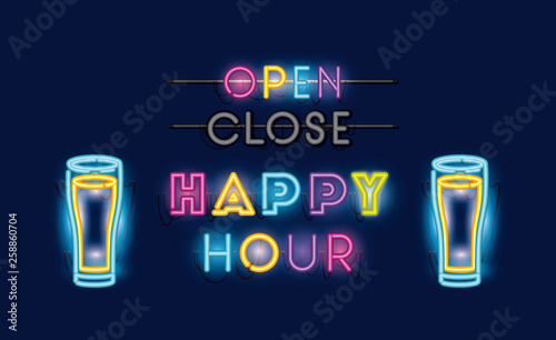 happy hour with beers jars fonts neon lights