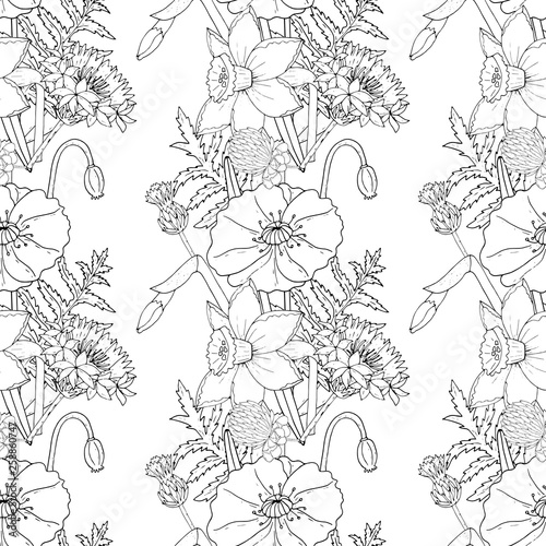 Wallpaper Mural Floral seamless background with Poppy flowers and narcissus, clover and cornflower isolated on the white Torontodigital.ca