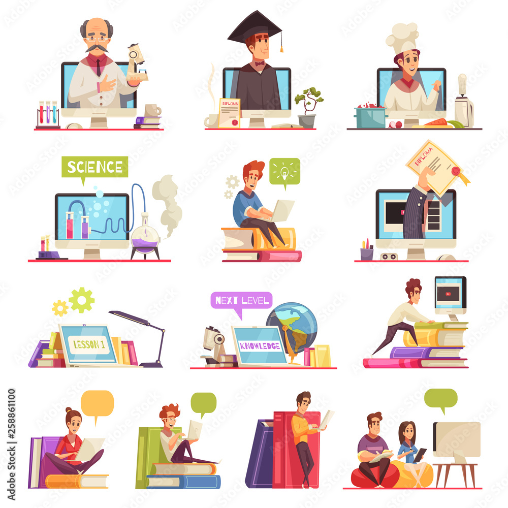 Online Courses Cartoon Set 