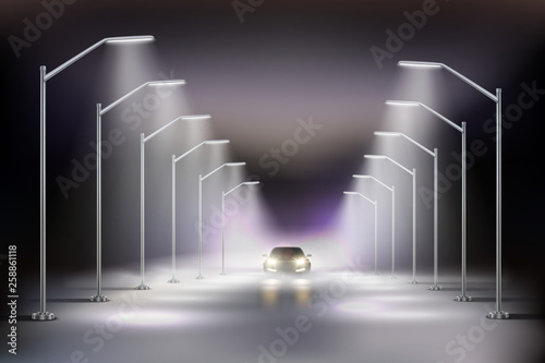 Street Lights Realistic In Fog Composition