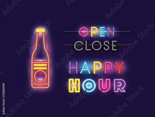 happy hour with beer bottle fonts neon lights