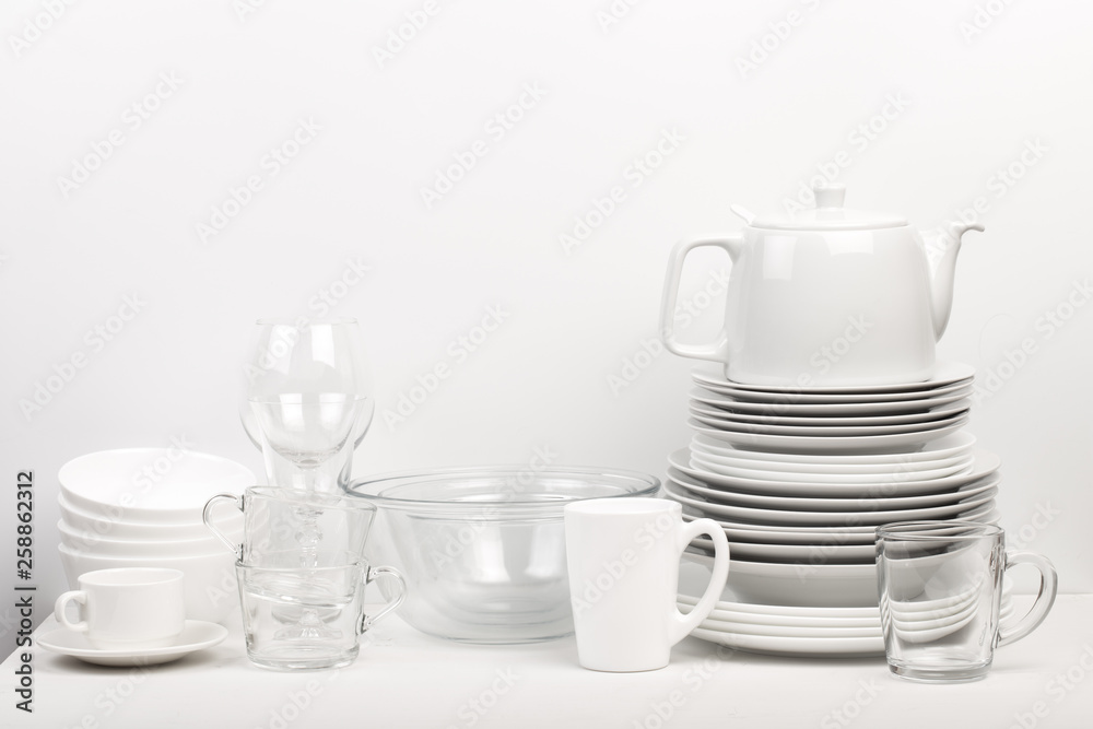 Set of white dishes . table wear Set of white dishes . table wear