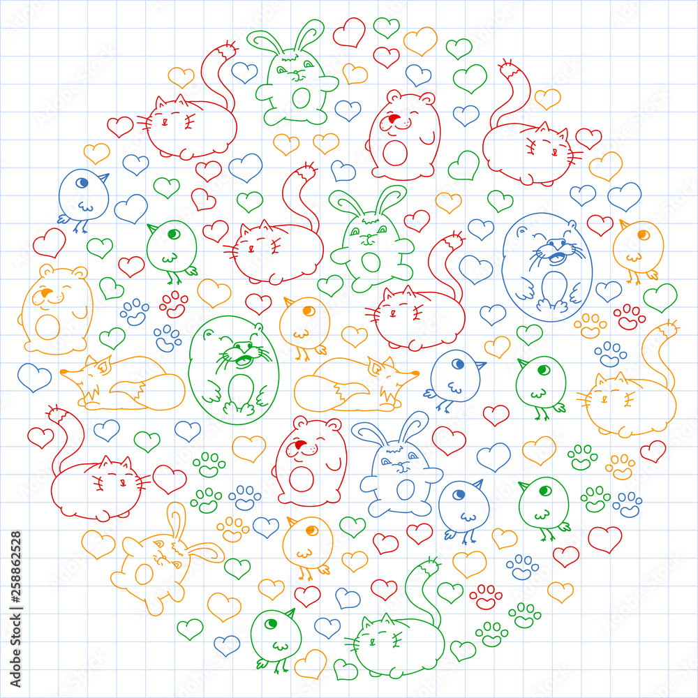 Vector set of beautiful round icons in the form of wild animals for children and design, print, cat ,bear, fox, bird ,hare or rabbit. Round animals with caption on white background with cage.