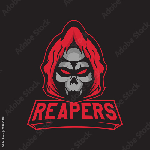 Modern professional logo for sport team. Reaper mascot. Skeletons, vector symbol on a dark background.