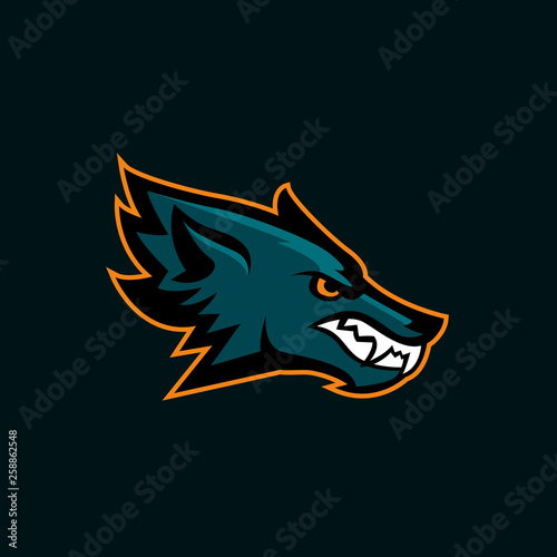 Modern professional logo for sport team. Wolf mascot. Wolves, vector symbol on a dark background.
