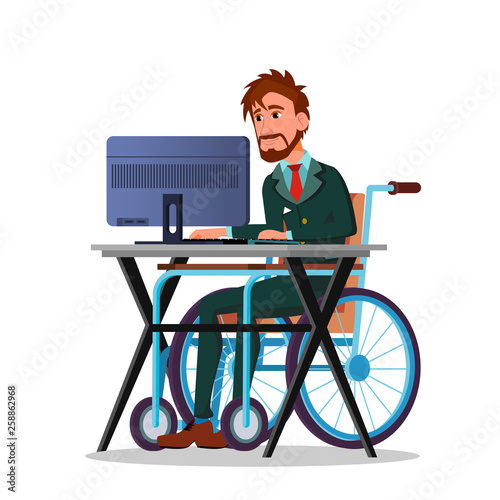 Businessman In A Wheelchair Working Behind A Laptop Vector Flat Cartoon Illustration