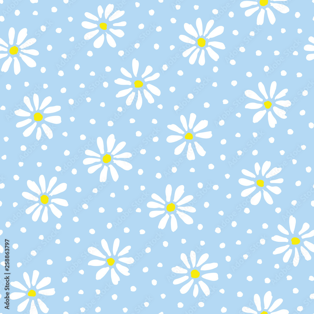 Minimal cute hand-painted daisies and dots on sky blue background vector seamless patters. Spring summer floral print
