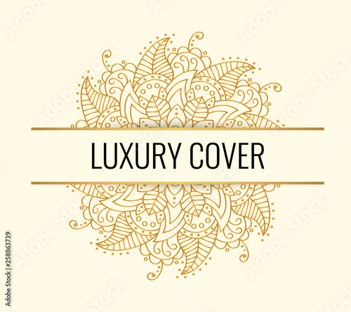 Luxury elegant cover. Golden vector mandala on light background. Decorative ornate round mandala. Invitation, wedding card, scrapbooking, magic symbol.