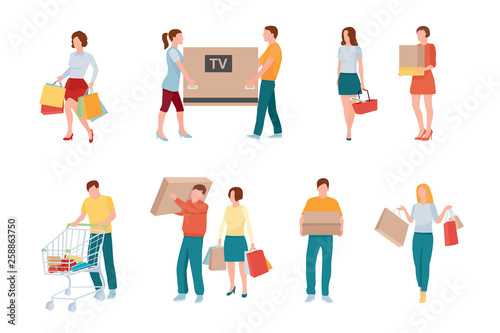 Shopping and retail vector characters set