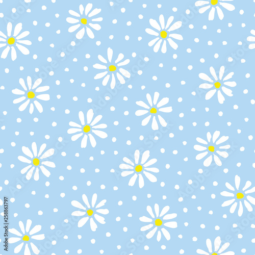 Minimal cute hand-painted daisies and dots on sky blue background vector seamless patters. Spring summer floral print