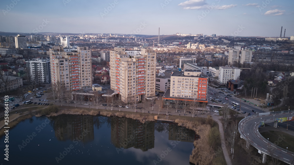 Aerial view of drone flying over city