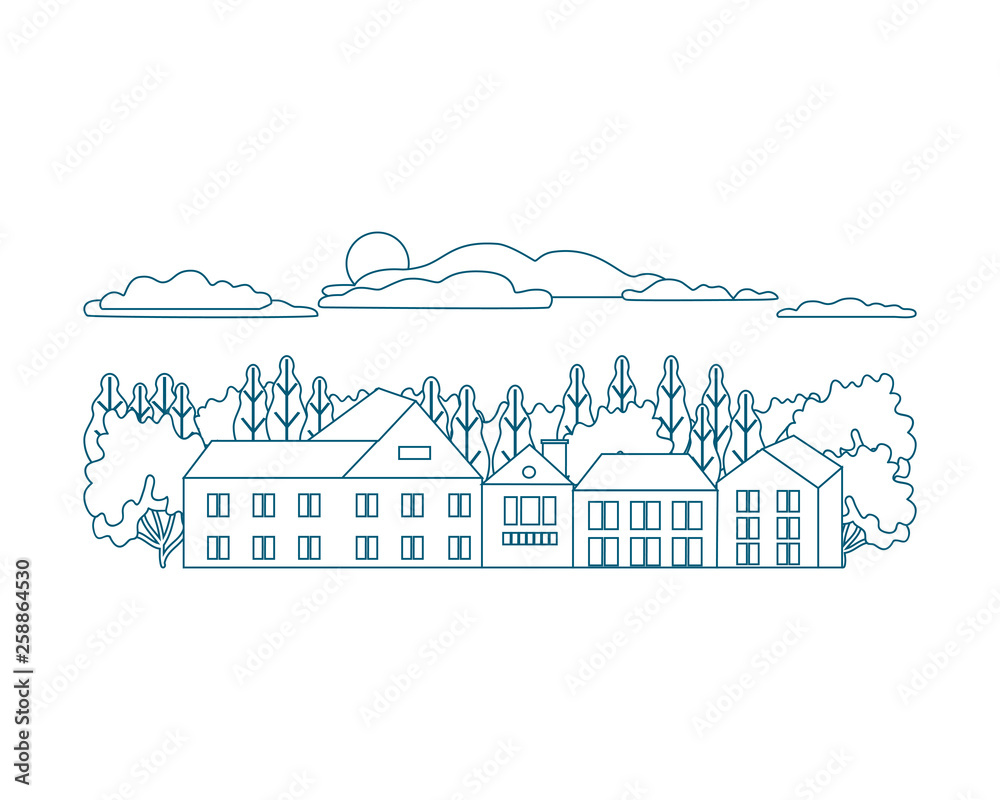 Thin line outline landscape rural farm. Symbol design village outdoor modern with mountain, hill, tree, sky, cloud and sun. Line art stile abstract backround, linear vector illustration