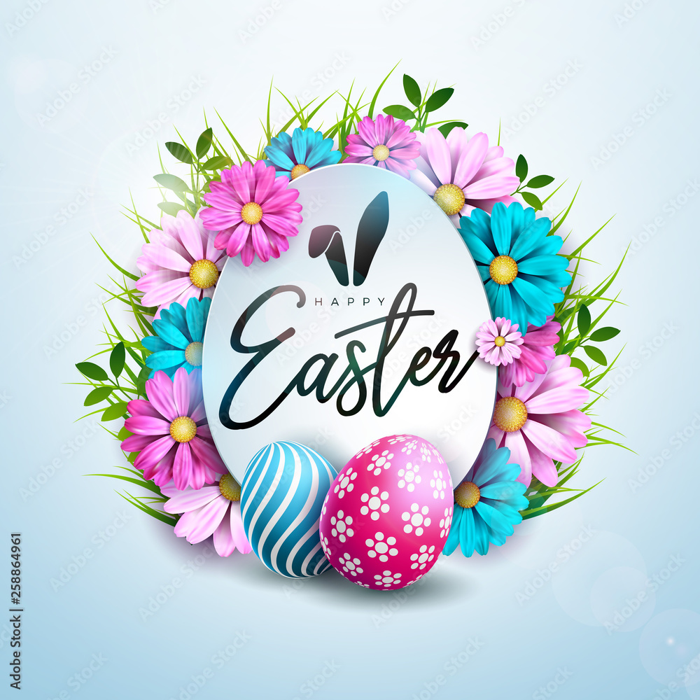 Plakat Happy Easter Holiday Design with Painted and Spring Flower on Clean Background. International Vector Celebration Illustration with Typography for Greeting Card, Party Invitation or Promo Banner.