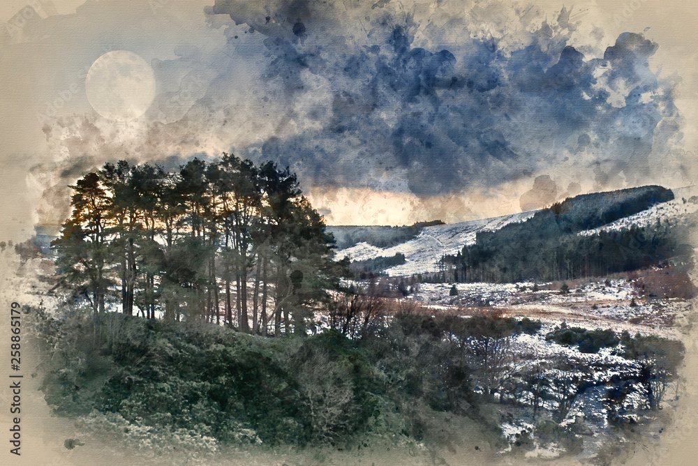 Fototapeta premium Watercolour painting of Beautiful pre-dawn Winter landscape over woodland in countryside