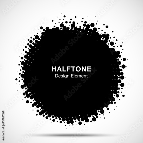 Halftone circle frame abstract dots logo emblem design element. Half tone circular icon. Grunge round border using halftone circle dots raster texture. Vector illustration. 