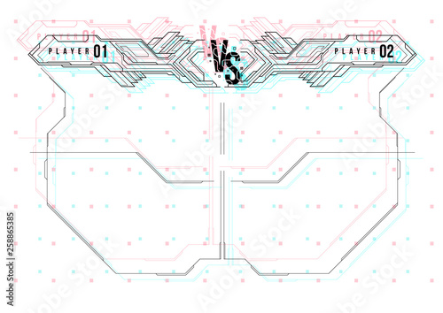 Versus screen design with HUD elements. Announcement of a two fighters. Battle banner match, vs letters competition confrontation. Futuristic design.