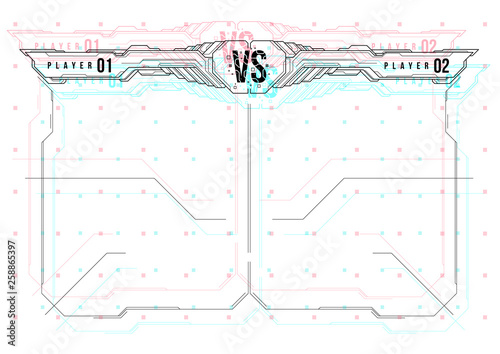 Versus screen design with HUD elements. Announcement of a two fighters. Battle banner match, vs letters competition confrontation. Futuristic design.
