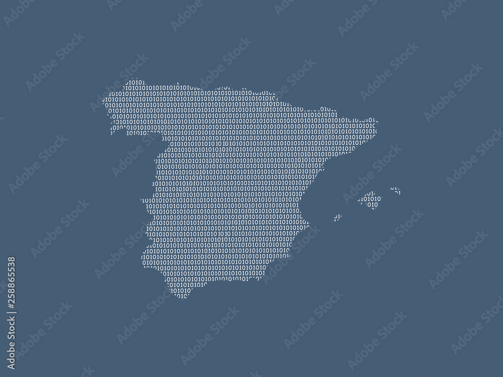 Spain vector map using white binary digits on dark background to mean digital country and the advancement of technology illustration