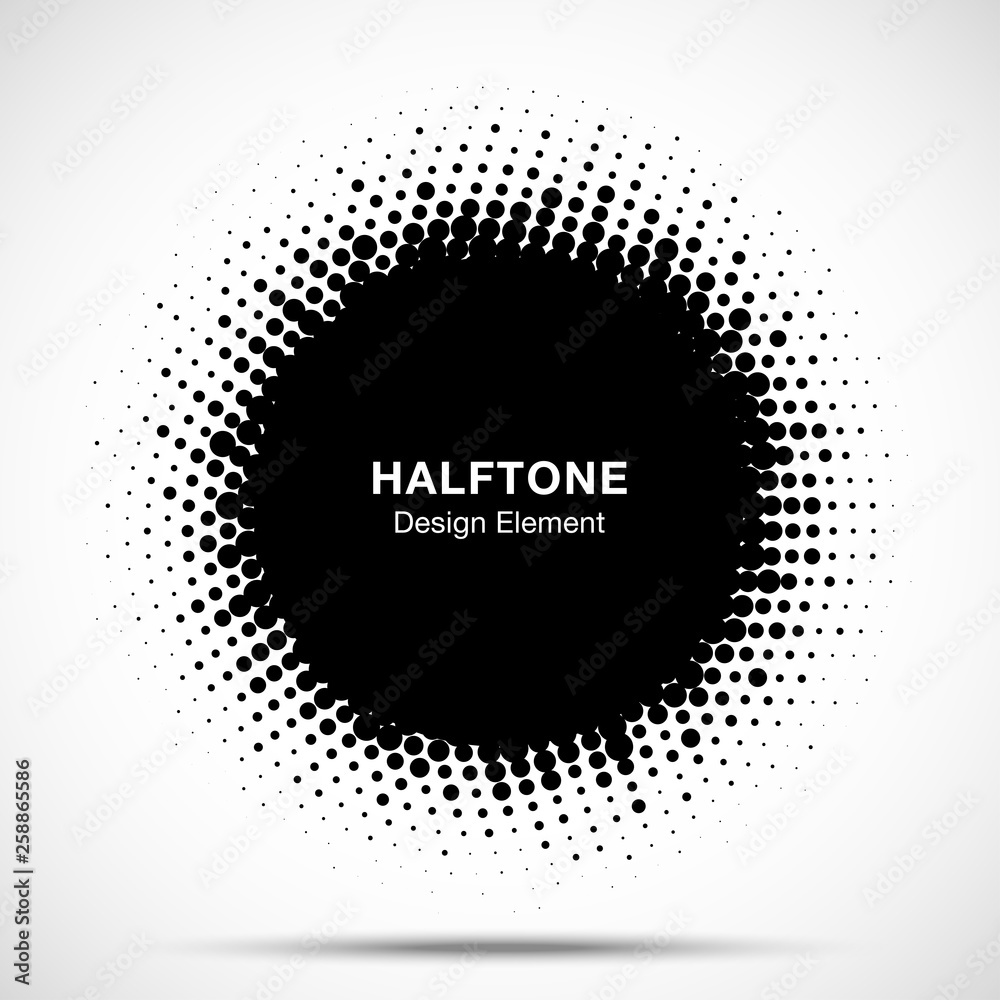 Halftone circle frame abstract dots logo emblem design element. Half tone circular icon. Grunge round border using halftone circle dots raster texture. Vector illustration. Halftone circle frame abstract dots logo emblem design element. Half tone circular icon. Grunge round border using halftone circle dots raster texture. Vector illustration.