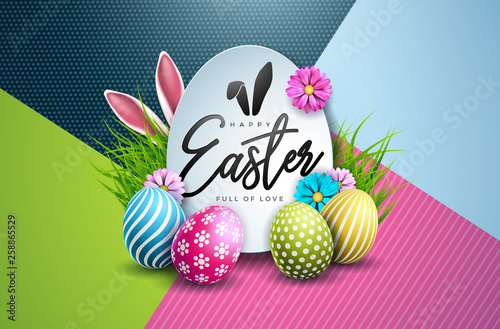 Vector Illustration of Happy Easter Holiday with Painted Egg and Spring Flower on Colorful Background. International Celebration Design with Typography for Greeting Card, Party Invitation or Promo