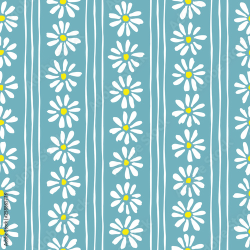 Minimal cute hand-painted daisies and stripes on teal background vector seamless patters. Spring summer floral print