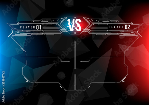 Versus screen design with HUD elements. Announcement of a two fighters. Battle banner match, vs letters competition confrontation. Futuristic design.