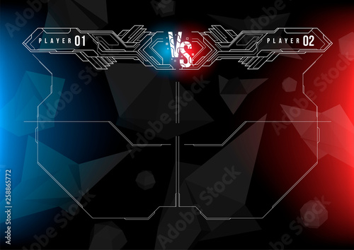 Versus screen design with HUD elements. Announcement of a two fighters. Battle banner match, vs letters competition confrontation. Futuristic design.