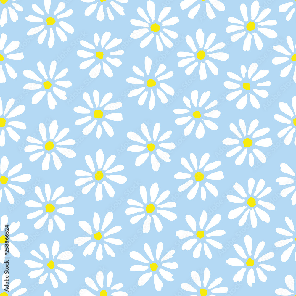 Minimal cute hand-painted daisies on sky blue background vector seamless patters. Spring summer floral print