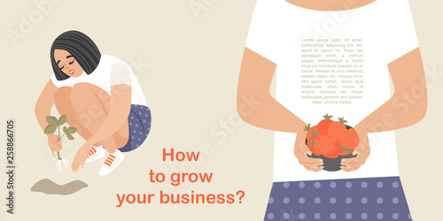 Conceptual business educational illustration with a cute girl planting strawberries and getting a rich harvest