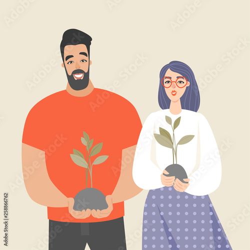 Young people are holding a sapling and smiling. Conceptual illustration of people starting their business.