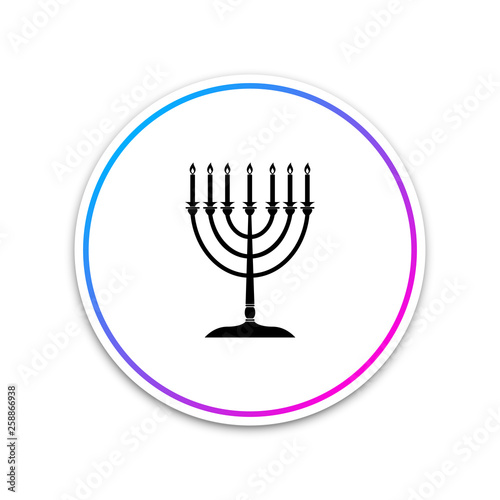 Hanukkah menorah icon isolated on white background. Religion icon. Hanukkah traditional symbol. Holiday religion, jewish festival of Lights. Circle white button. Vector Illustration