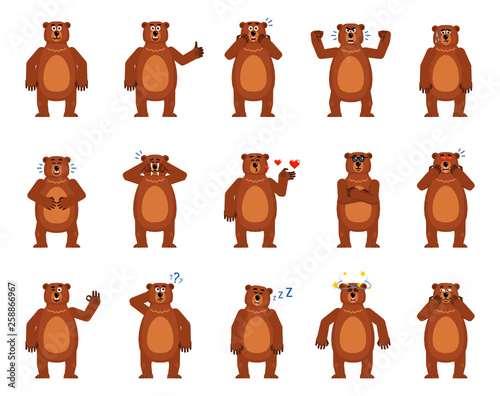 Set of cartoon brown bear characters showing various emotions. Brown bear laughing, crying, surprised, serious, tired, in love, dazed and showing other emotions. Flat vector illustration