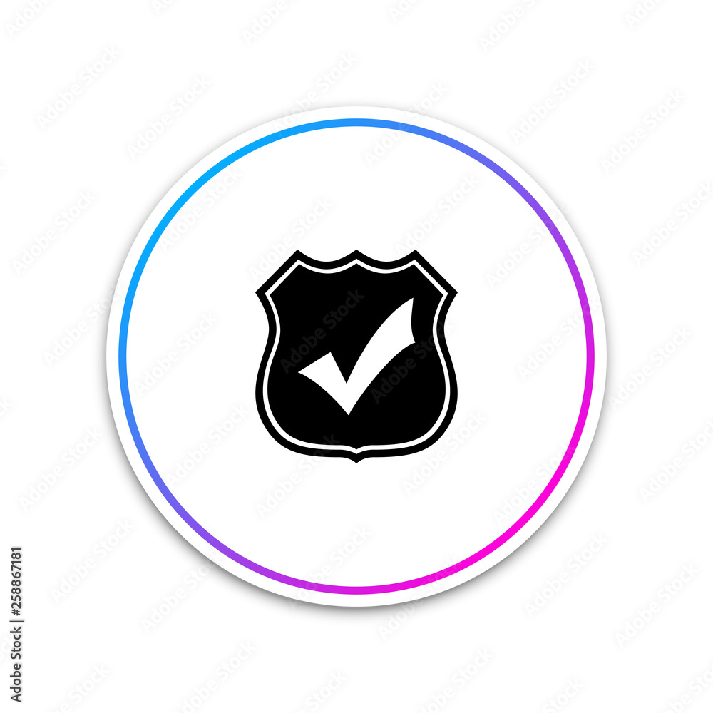 Shield with check mark icon isolated on white background. Circle white button. Vector Illustration