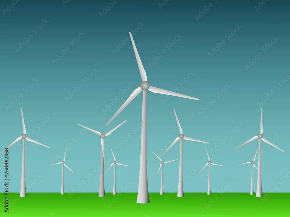 Many cool modern windmills vector to generate electricity from wind in open field and sky for renewable energy industry illustration