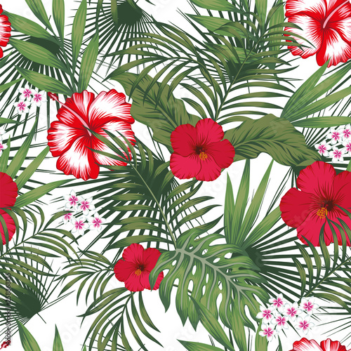 Tropical leaves and flowers seamless white background