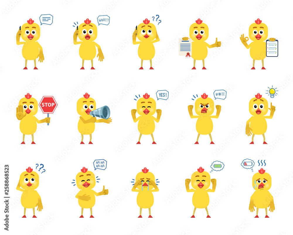 Fototapeta premium Set of cartoon chicken characters showing diverse actions, emotions. Funny chicken talking on phone, surprised, thinking, angry, holding document and doing other actions. Simple vector illustration