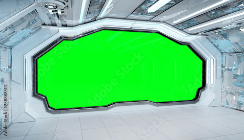 Fototapeta Naklejka Na Ścianę i Meble -  White blue spaceship futuristic interior mockup with window view 3d rendering