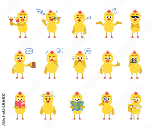 Set of cartoon chicken characters showing diverse actions, emotions. Funny chicken celebrating, sleeping, laughing, holding map, book, magnifier and doing other actions. Simple vector illustration