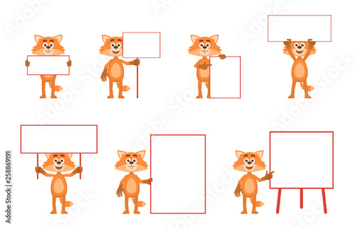 Set of cartoon fox characters posing with different blank banners. Cheerful fox holding paper, poster, placard, pointing to whiteboard. Teach, advertise, promote. Flat vector illustration