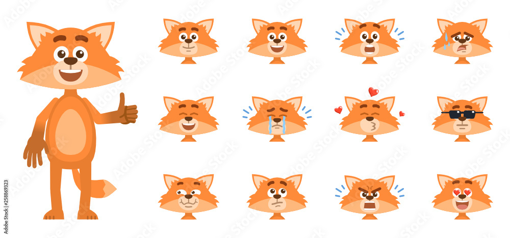 Set of cartoon fox emoticons, emojis. Fox avatars showing different facial expressions. Happy, sad, smile, laugh, cry, tired, surprised, in love and other emotions. Simple vector illustration