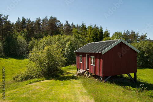 Old wooden red house in the green grass garden.