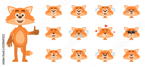 Set of cartoon fox emoticons, emojis. Fox avatars showing different facial expressions. Happy, sad, smile, laugh, cry, tired, surprised, in love and other emotions. Simple vector illustration